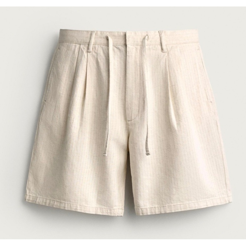 NWT Zara Wide Fit Pleated Shorts Mens 30 Cream Pinstripe Drawstring Preppy